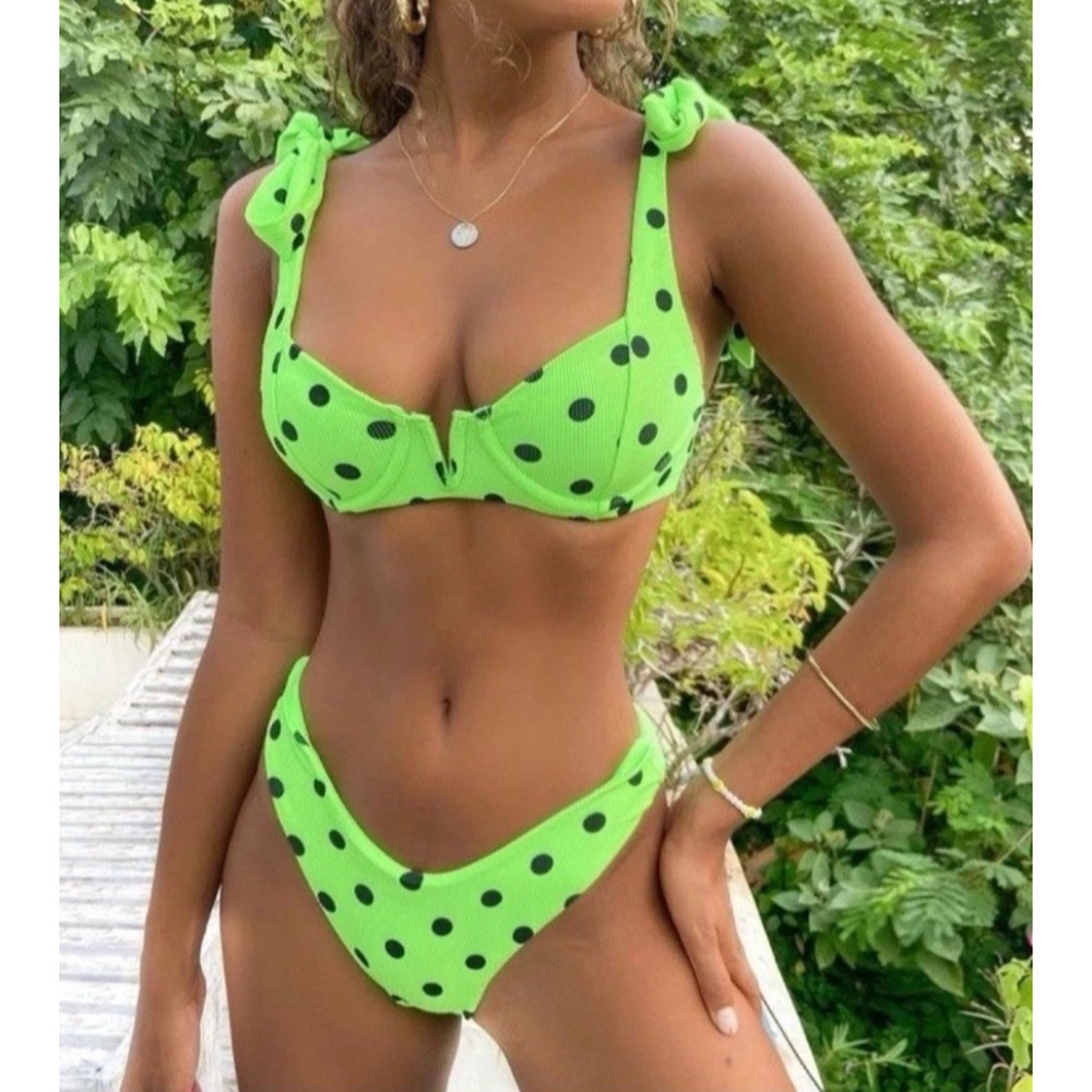 Beach Riot Neon Green Polka Dot Tie-Strap Bikini